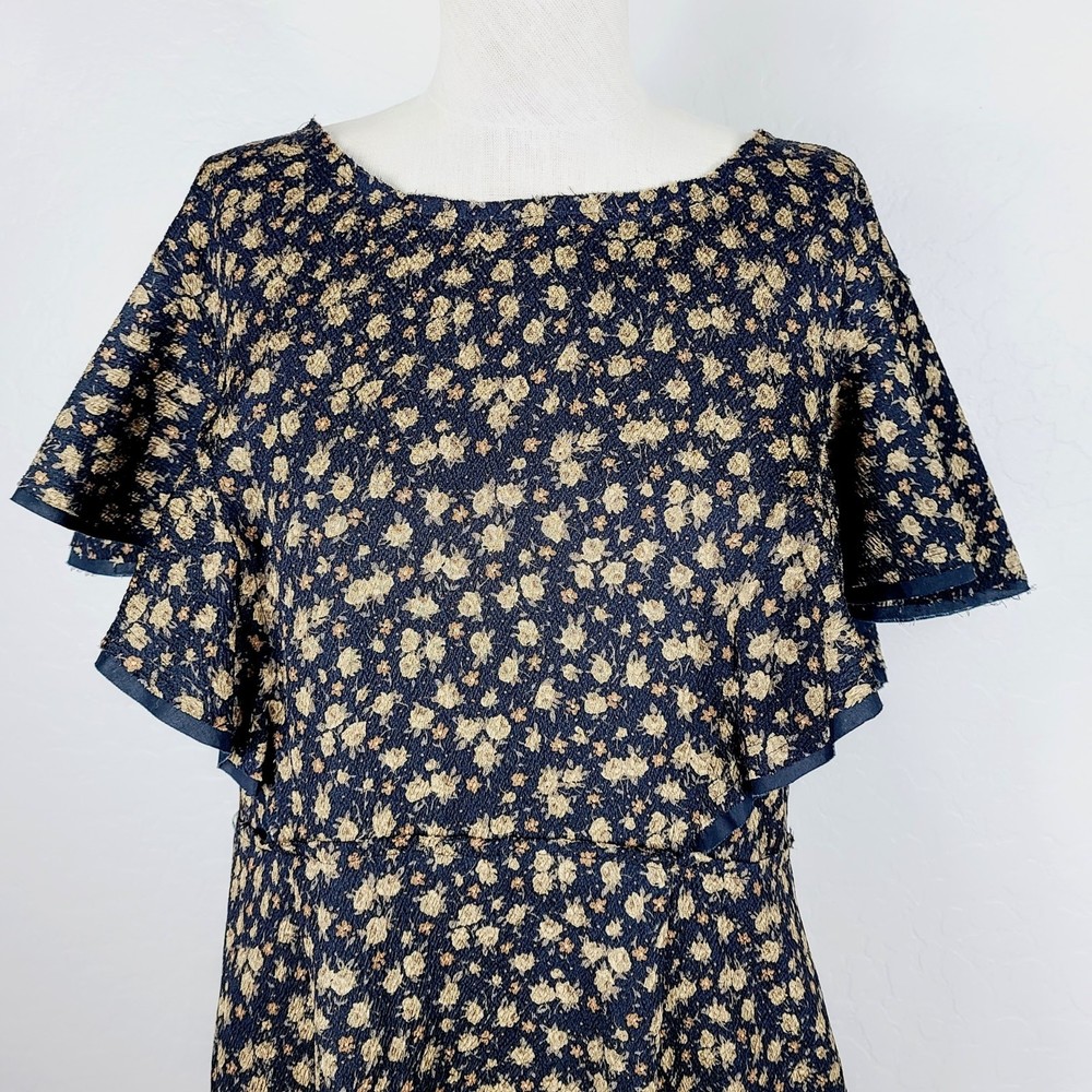 Tracy Reese Anthropologie Dress 12 Black Brown Floral Ruffle-Sleeve Straight - Picture 4 of 6